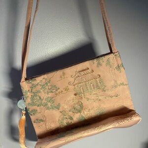 Elegant Cream Crossbody Bag with Asian Print